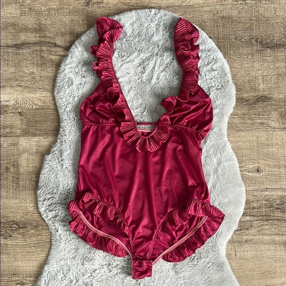 Vintage Nylon Ruffle Trim Teddy Bodysuit M